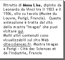 Ritratto di Mona Lisa, dipinto da Leonardo da Vinci tra il 1503 e il 1506, olio su tavola (MusÃ©e du Louvre, Parigi, Francia).  Questa animazione Ã tratta dal sito della mostra "Images" che puoi visitare qui. Molti altri contenuti sono visualizzabili sul sito Web www.cite-sciences.fr  Mostra Images a Parigi - CitÃ© des Sciences et de l'Industrie, Francia