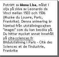 PotrÃtt av Mona Lisa, mÃlat i olja pÃ skiva av Leonardo da Vinci mellan 1503 och 1506 (MusÃ©e du Louvre, Paris, Frankrike). Denna animering Ãr hÃmtad frÃn utstÃllningssajten  "Images" som du kan besÃka pÃ. Du hittar mycket annat innehÃll pÃ www.cite-sciences.fr BildutstÃllning i Paris - CitÃ© des Sciences et de l'Industrie, Frankrike