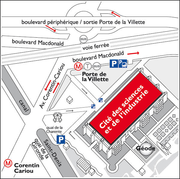 plan de quartier : la Cité des sciences est située entre le boulevard Macdonald et l'avenue Corentin Cariou - Station Porte de la Villette 