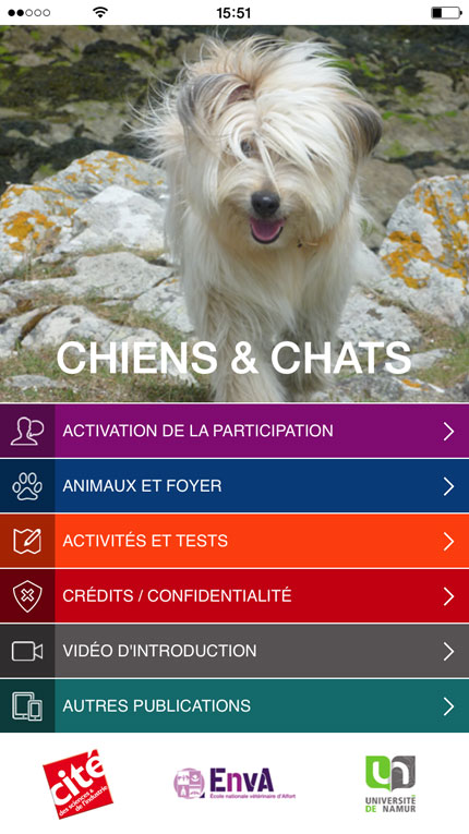 Chiens et chats : activation de la participation, animaux et foyer, activités et tests, crédits / confidentialité, vidéo d'introduction, autres publications. Cité des Sciences