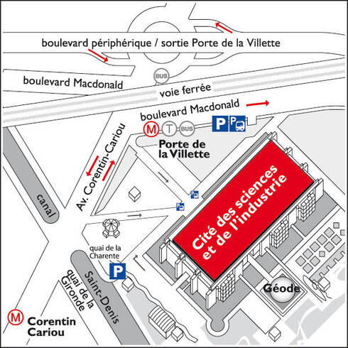 plan de quartier : la Cité des sciences est située entre le boulevard Macdonald et l'avenue Corentin Cariou - Station Porte de la Villette