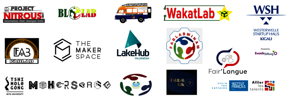 Logos des FabLabs participants : Project Nitrous, Blolab, SenFabLab, Wakatlab, WHS, The Makerspace Durban, Lakehub, FabLabwinam, FairLangue, TMG Makerspace, FabiLab Buk, ..
