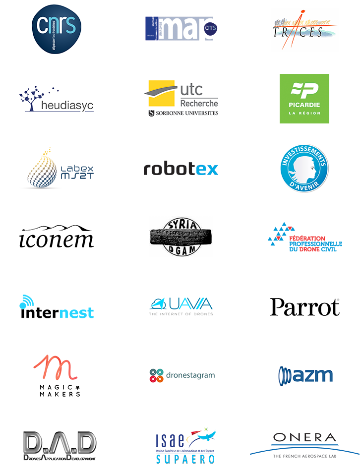 CNRS (MAP et Traces), Heudiasyc, utc Recherche Sorbonne, Picardie, Labex, Robotex, Investissements d'Avenir, Iconem, Syria DGAM, Fédération professionnelle du drône civil, Internest, UAVIA, Parrot, Magic Makers, Dronestagram, AZM, DAD, ISAE Supaero, ONERA