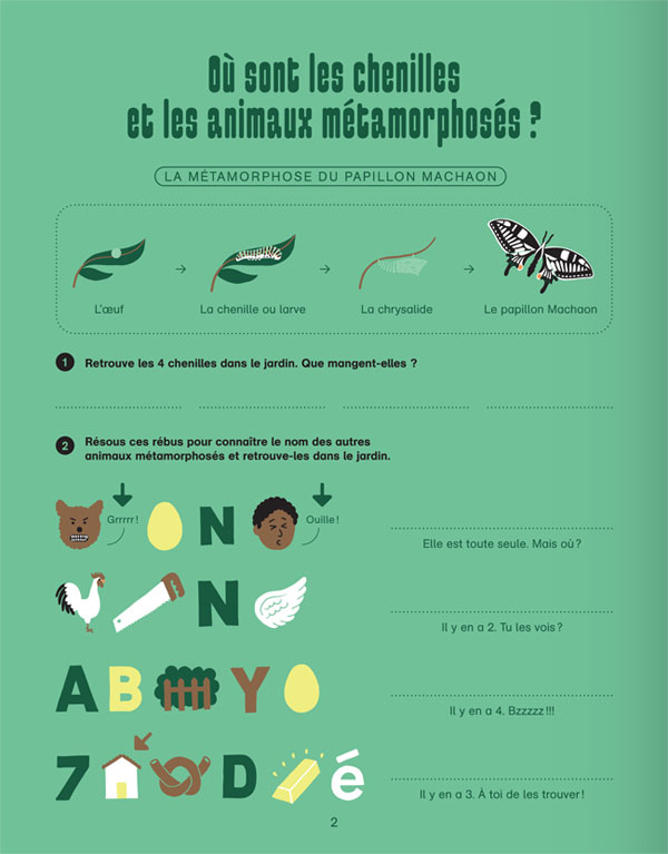 Page du cahier d'activités "Où sont les chenilles et les animaux métamorphosés ?"