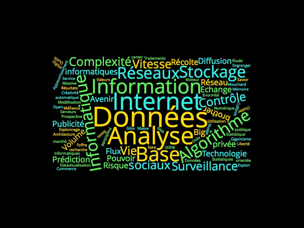 Nuage de mots sur le thème Terra Data : Données, Analyse, Internet, Algorithme, Base, Information, réseaux, stockage, informatique, etc.